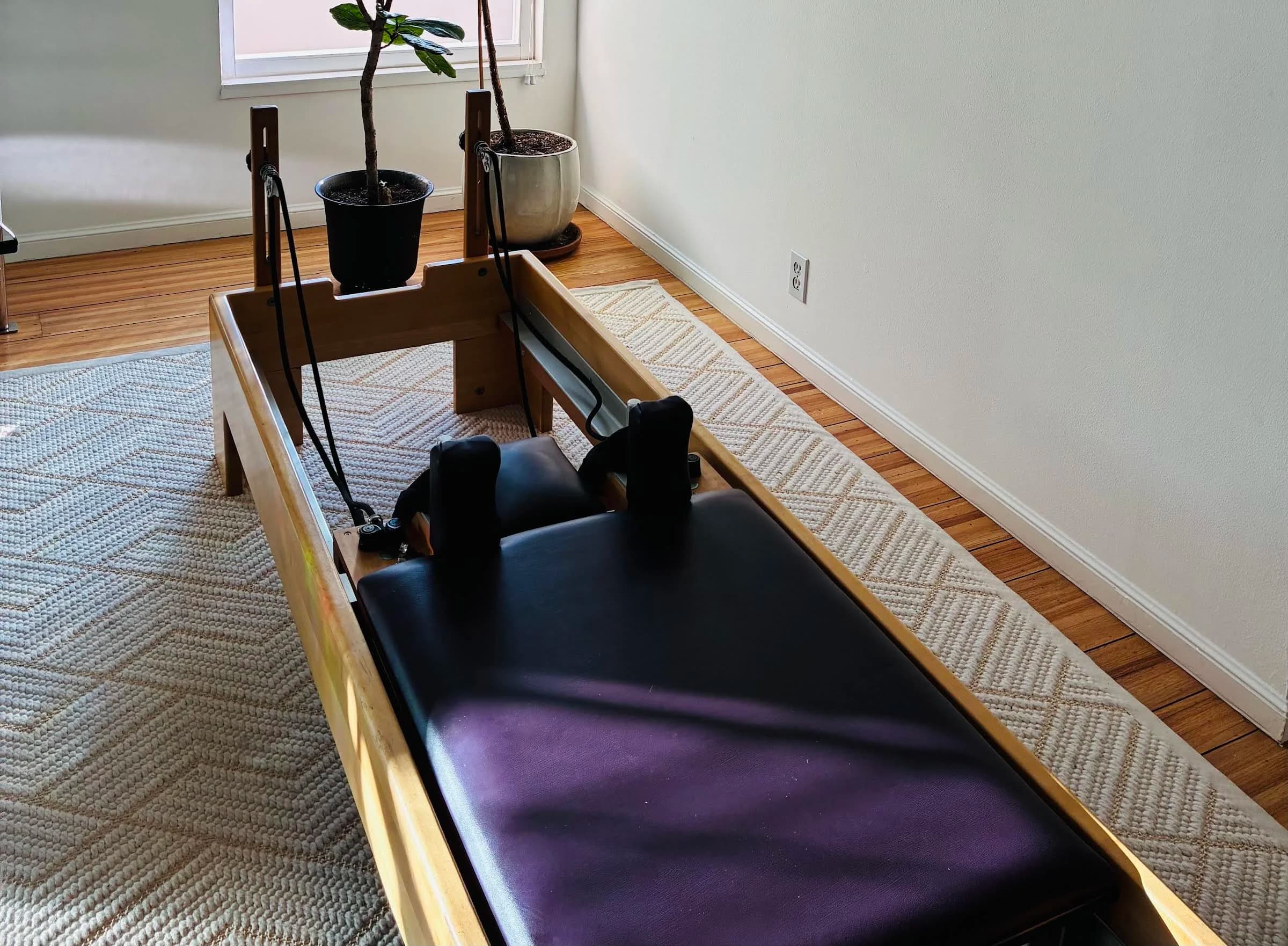 Reformer bathed in warm window light in the Embodied Pilates studio, surrounded by plants on a wooden floor